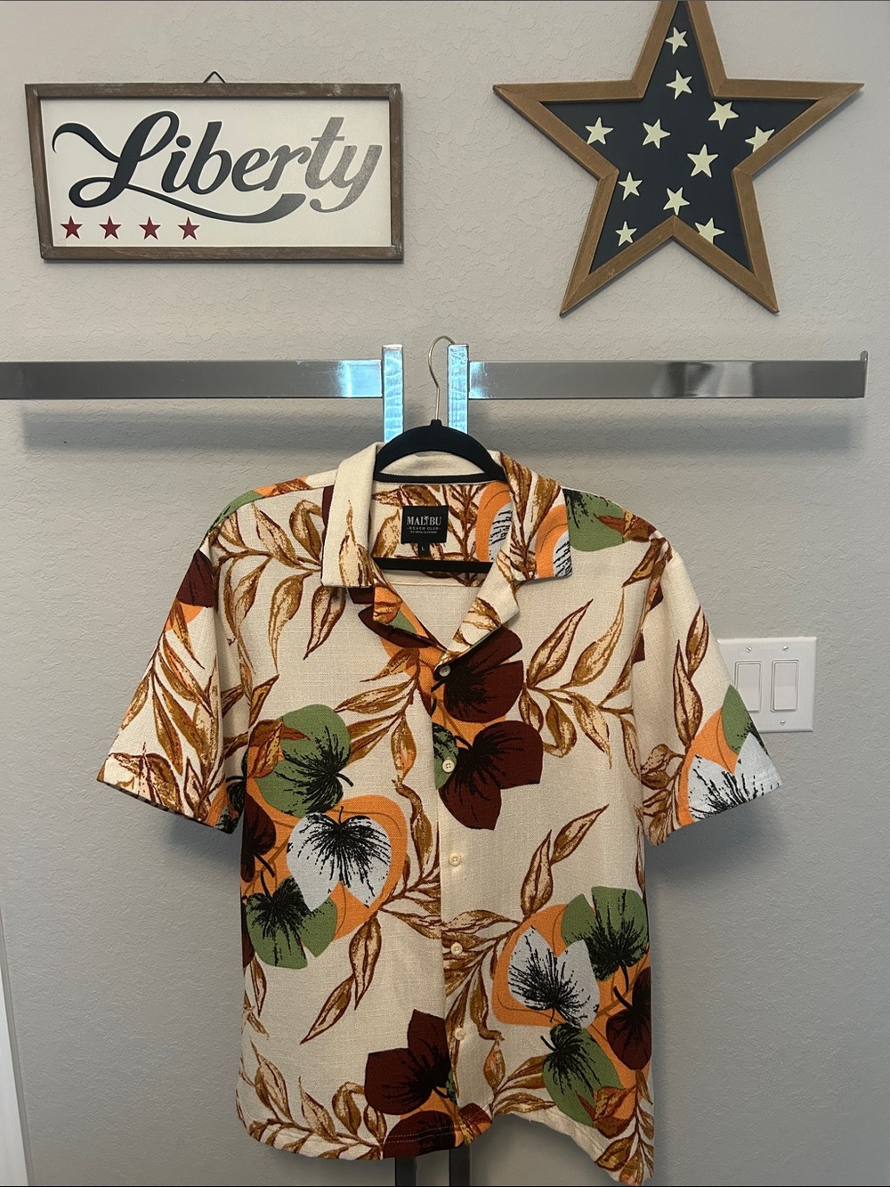Malibu Men's Short-Sleeve Hawaiian Shirt - Cream with Green & Orange Floral